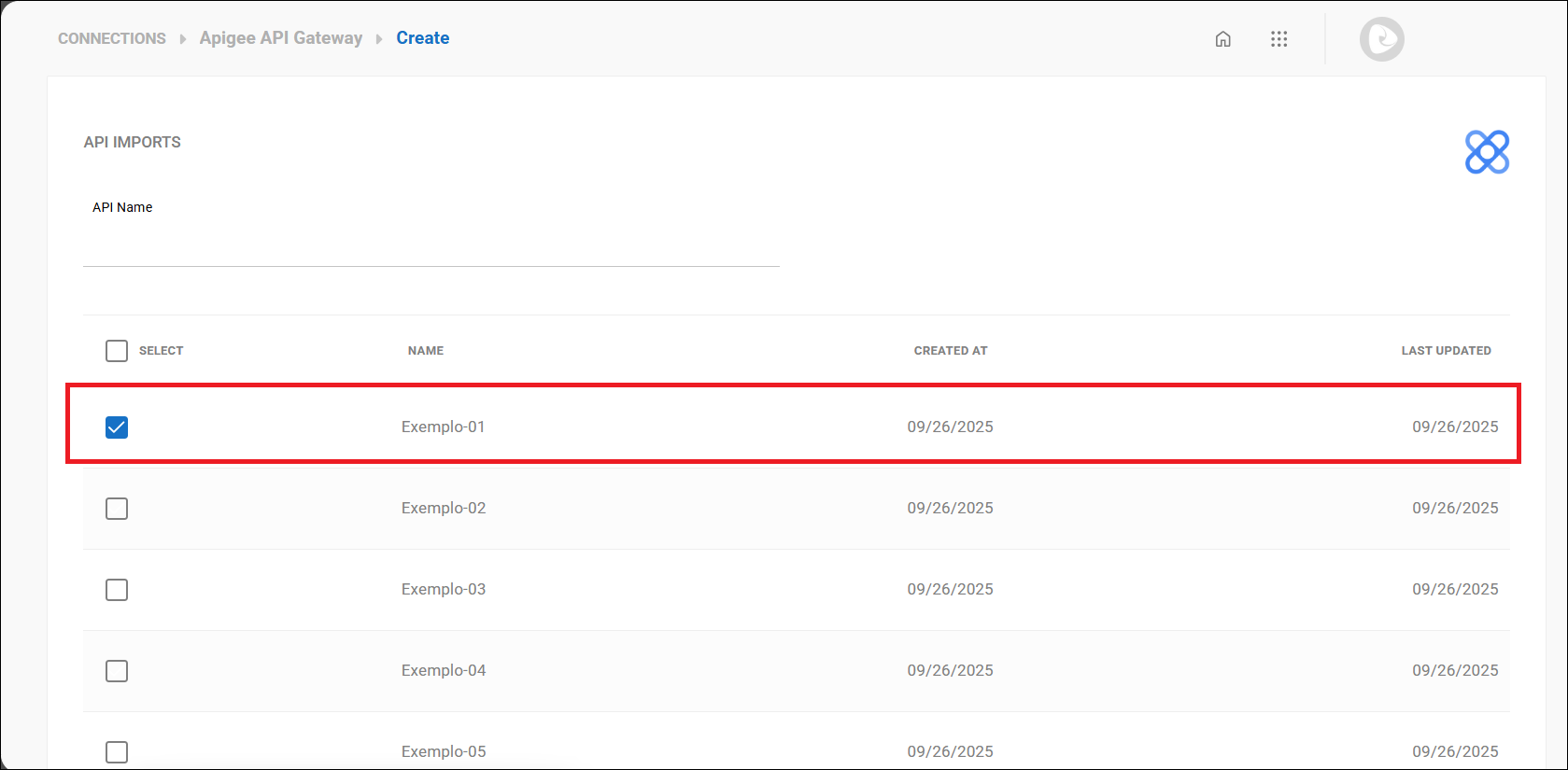 Tela de importação de APIs