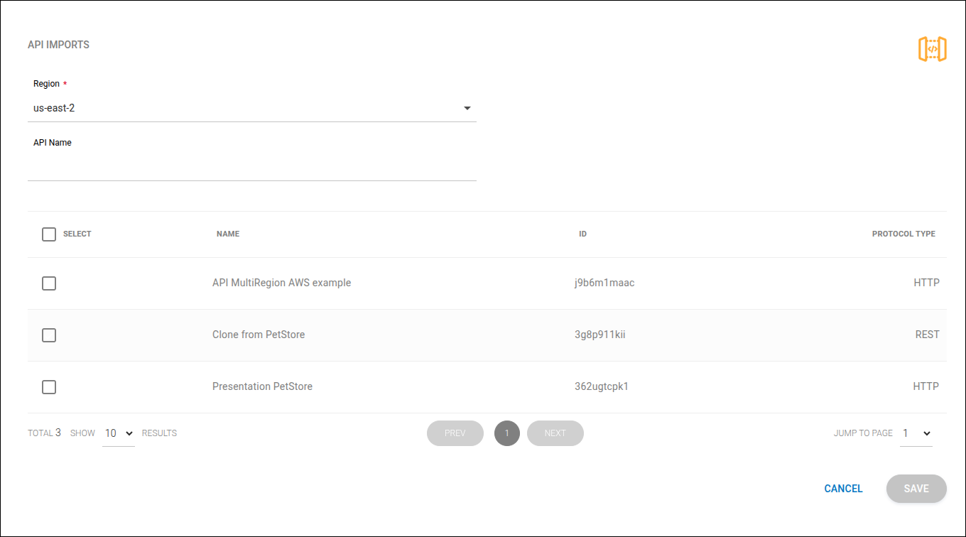 Lista de importação mostrando a coluna Type com REST e HTTP