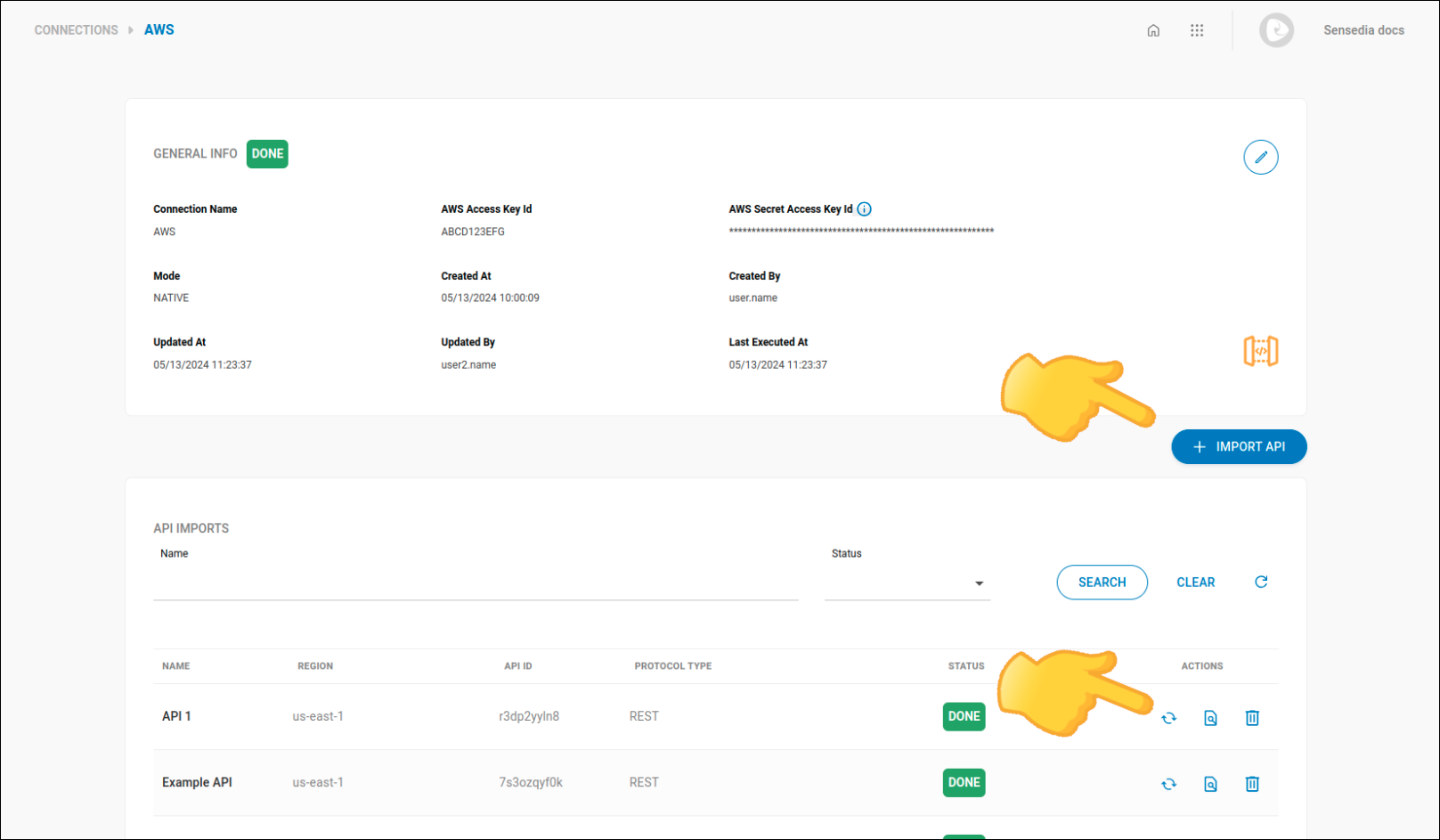 detalhe com os botões de recarregar APIs importadas