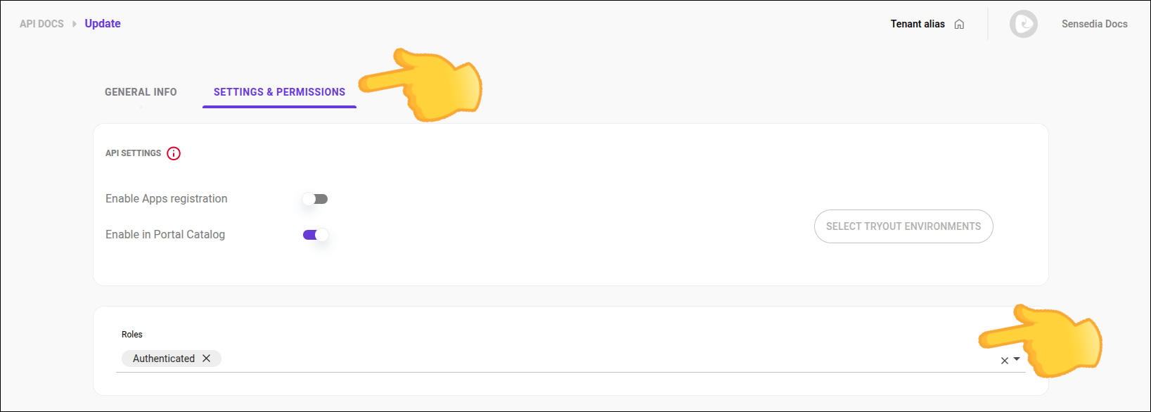 tela api docs update com destaque para aba settings and permissions e para o campo roles