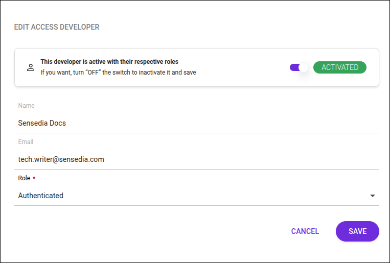 tela para editar o acesso de um desenvolvedor