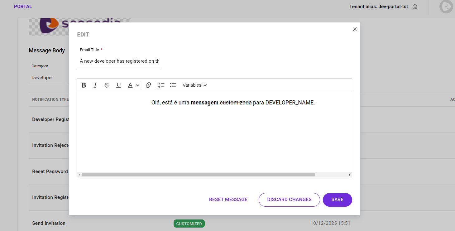 editor de texto para personalização de notificações