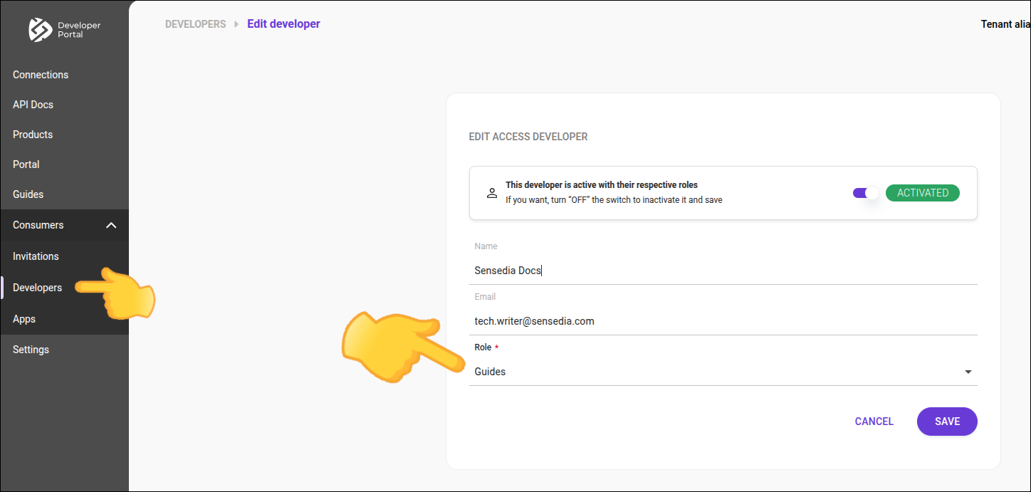tela edit developer com destaque para o menu e papel