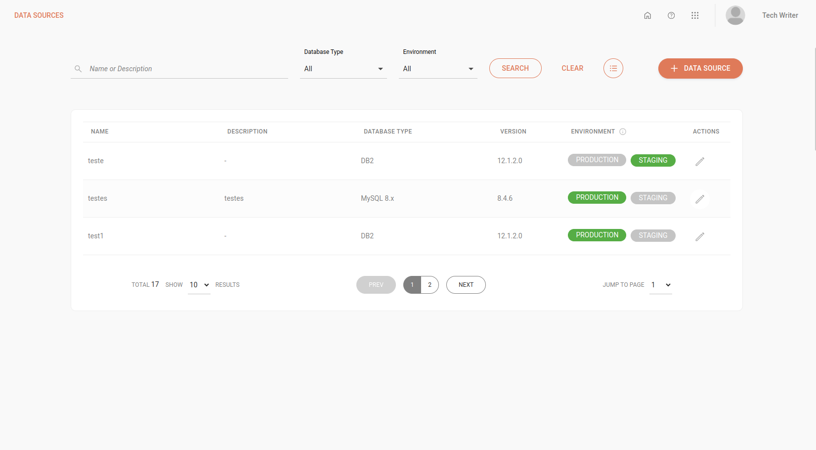 imagem da tela Data Sources com data sources cadastrados